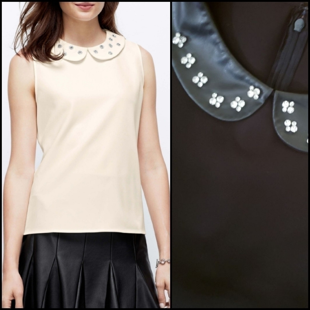 NEW! ANN TAYLOR Black Faux Leather Embellished Sleeveless Top Blouse Small.